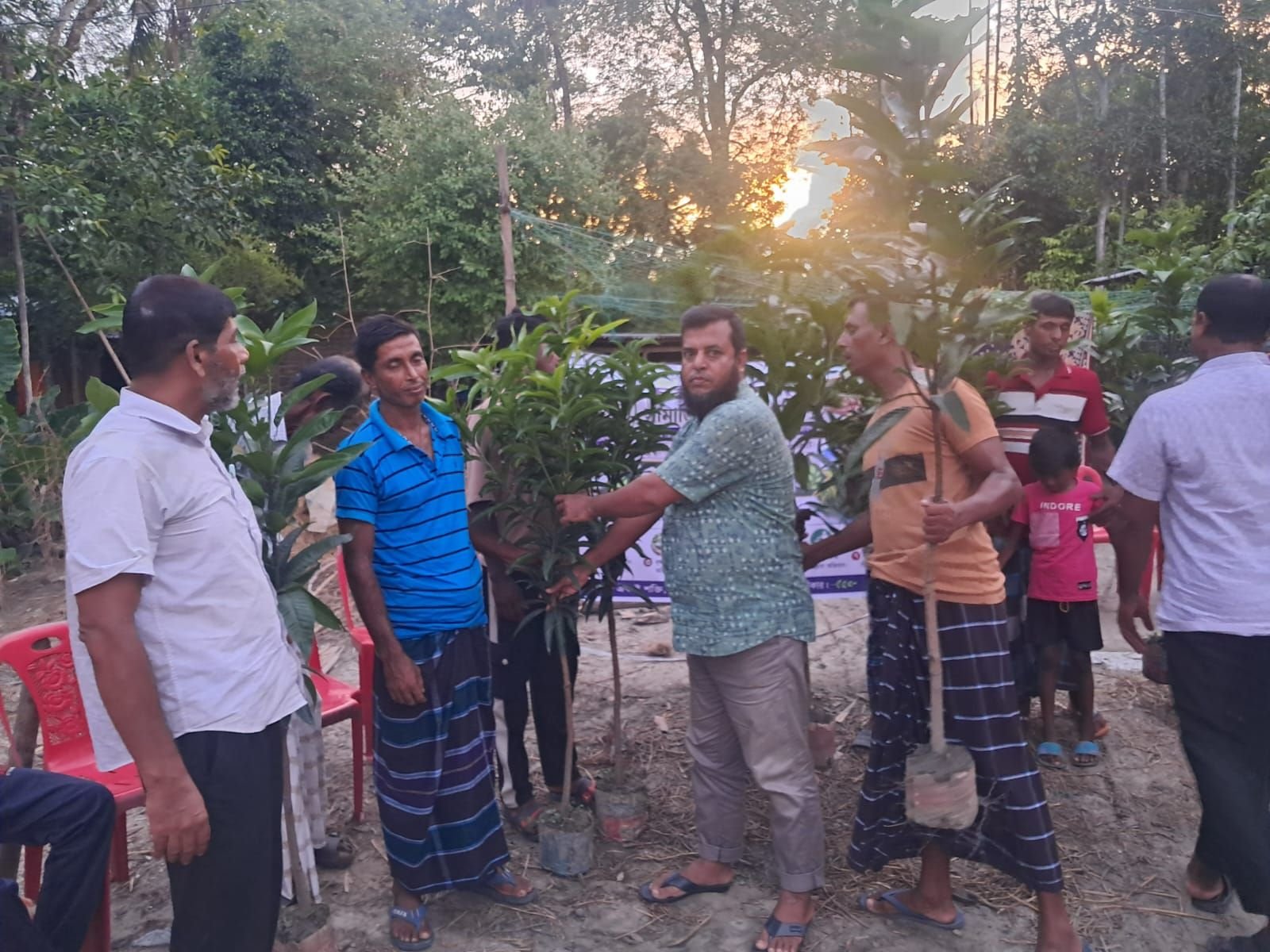 সূর্যাস্তের আলোয় চারা হাতে সদস্য ও এলাকাবাসী